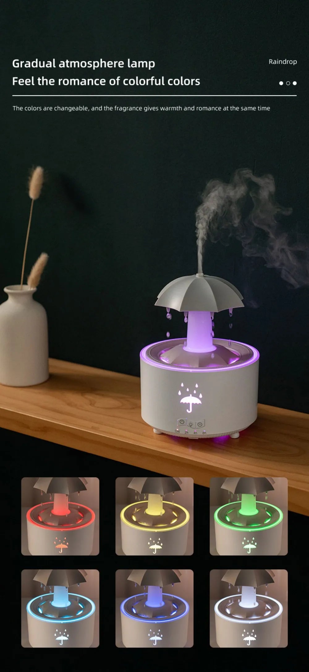 Rotating Umbrella Water Drop Air Humidifier with Colourful Night Lights Mute Spary Home Essential Oil Aroma Diffuser Humidifier